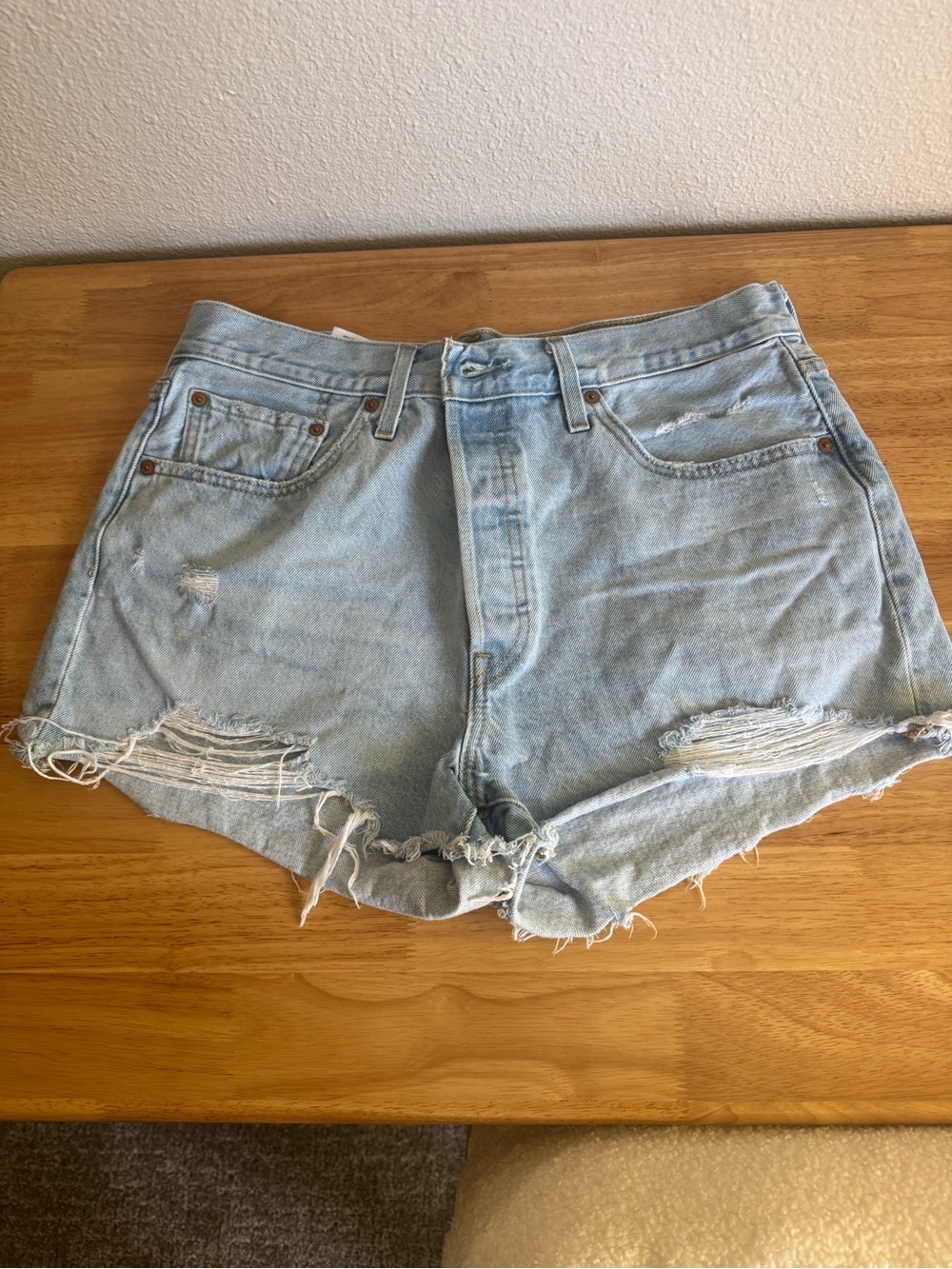 Levi's Light Blue Distressed High-Rise Denim Shorts